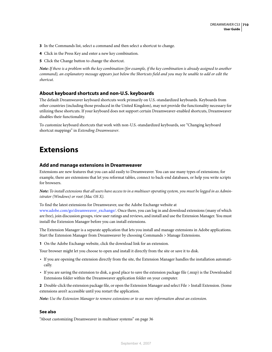 About keyboard shortcuts and non-u.s. keyboards, Extensions, Add and manage extensions in dreamweaver | Adobe Dreamweaver CS3 User Manual | Page 717 / 738