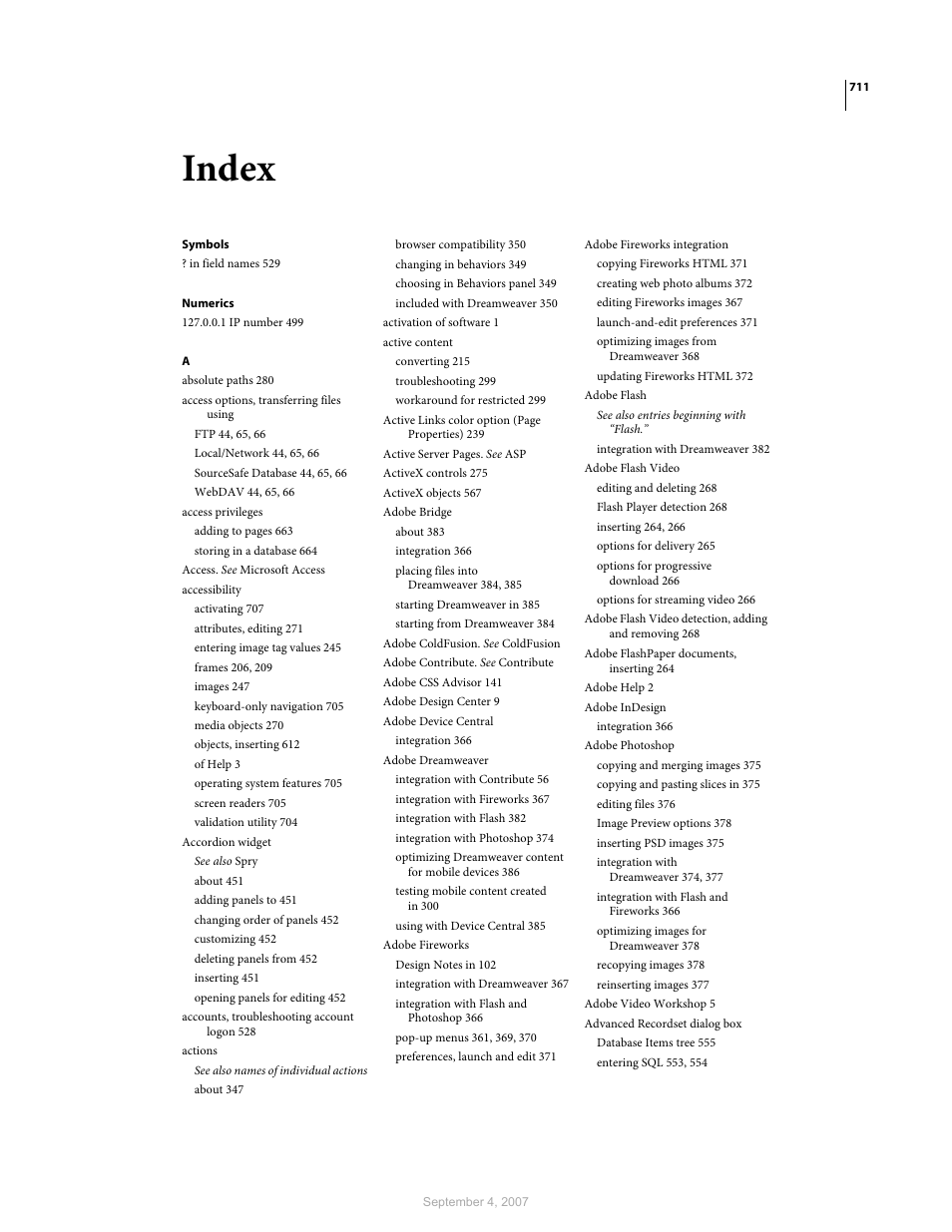 Index, Symbols, Numerics | Adobe Dreamweaver CS3 User Manual | Page 718 / 738