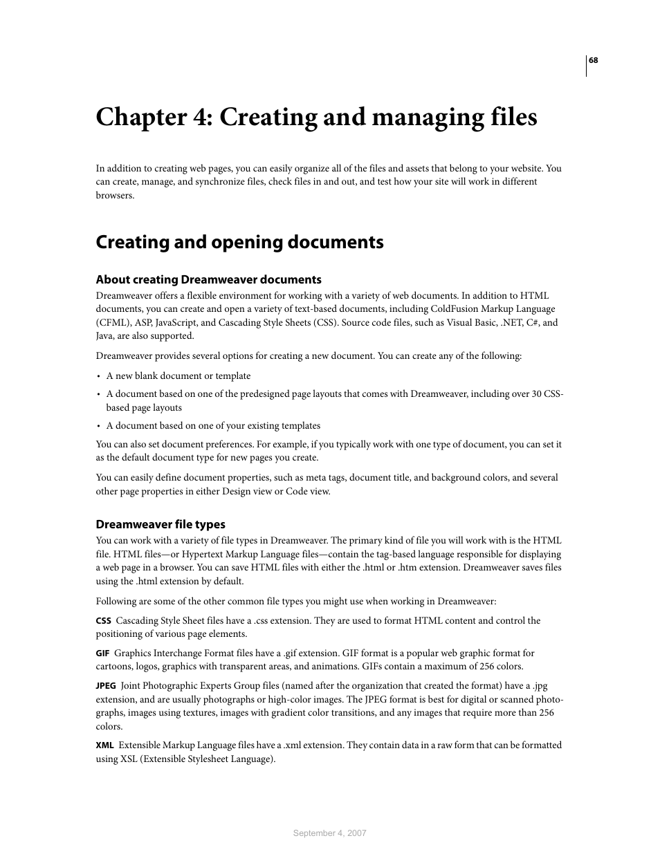 Chapter 4: creating and managing files, Creating and opening documents, About creating dreamweaver documents | Dreamweaver file types | Adobe Dreamweaver CS3 User Manual | Page 75 / 738