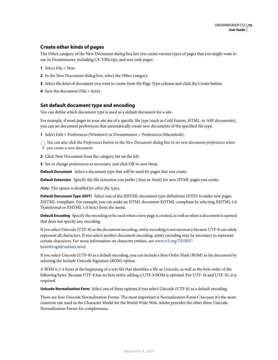 Set default document type and encoding | Adobe Dreamweaver CS3 User Manual | Page 81 / 738