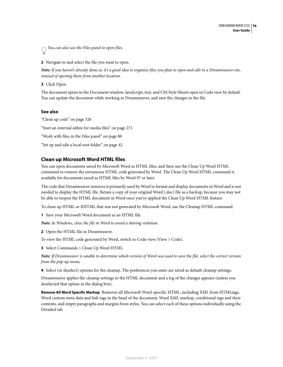 Clean up microsoft word html files | Adobe Dreamweaver CS3 User Manual | Page 83 / 738