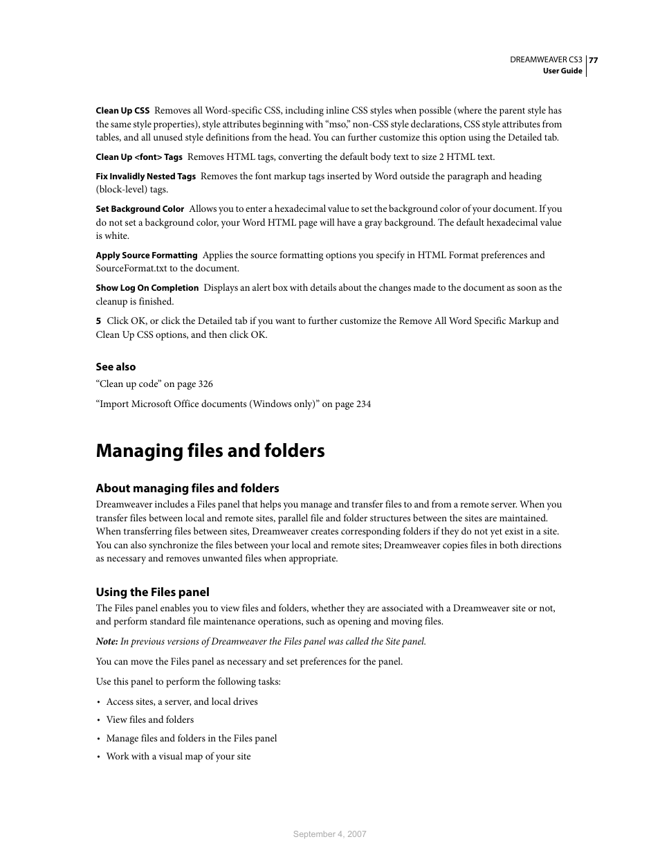 Managing files and folders, About managing files and folders, Using the files panel | Adobe Dreamweaver CS3 User Manual | Page 84 / 738