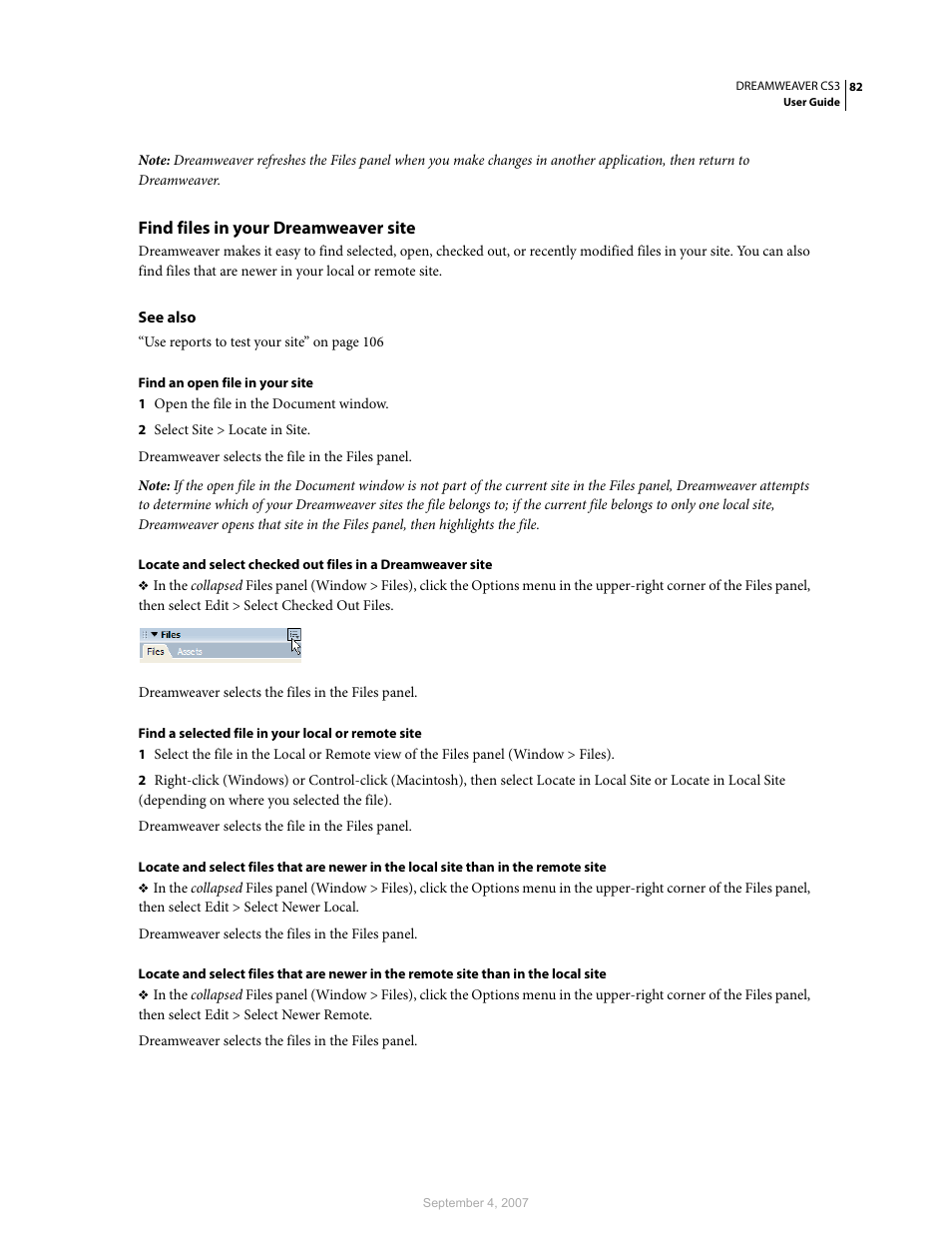 Find files in your dreamweaver site | Adobe Dreamweaver CS3 User Manual | Page 89 / 738