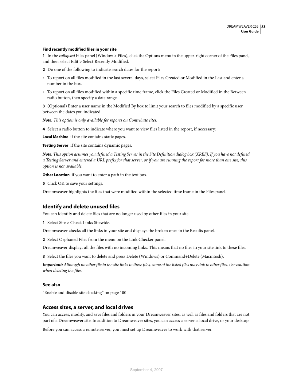 Identify and delete unused files, Access sites, a server, and local drives | Adobe Dreamweaver CS3 User Manual | Page 90 / 738