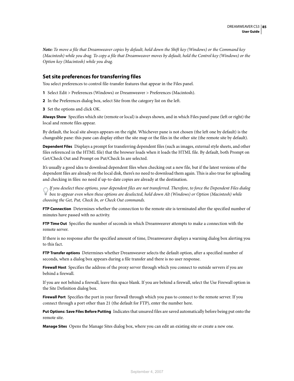 Set site preferences for transferring files | Adobe Dreamweaver CS3 User Manual | Page 92 / 738