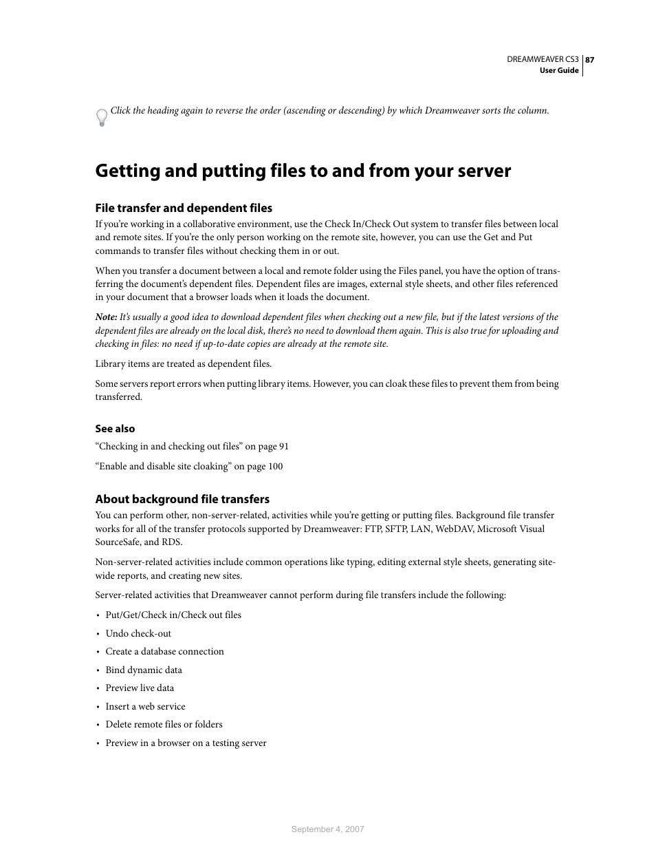 Getting and putting files to and from your server, File transfer and dependent files, About background file transfers | Adobe Dreamweaver CS3 User Manual | Page 94 / 738