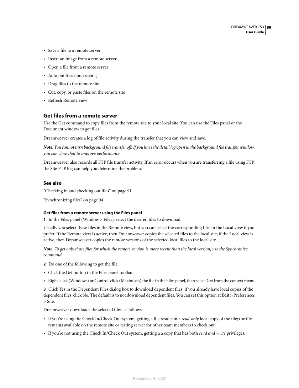 Get files from a remote server | Adobe Dreamweaver CS3 User Manual | Page 95 / 738