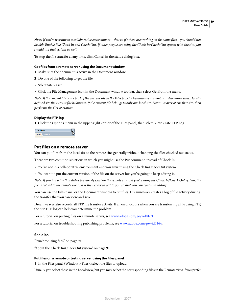 Put files on a remote server | Adobe Dreamweaver CS3 User Manual | Page 96 / 738