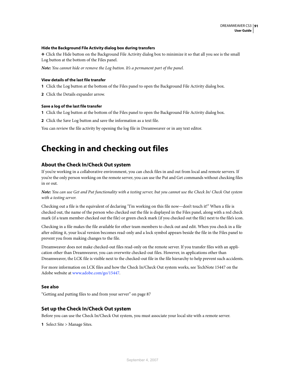 Checking in and checking out files, About the check in/check out system, Set up the check in/check out system | Adobe Dreamweaver CS3 User Manual | Page 98 / 738