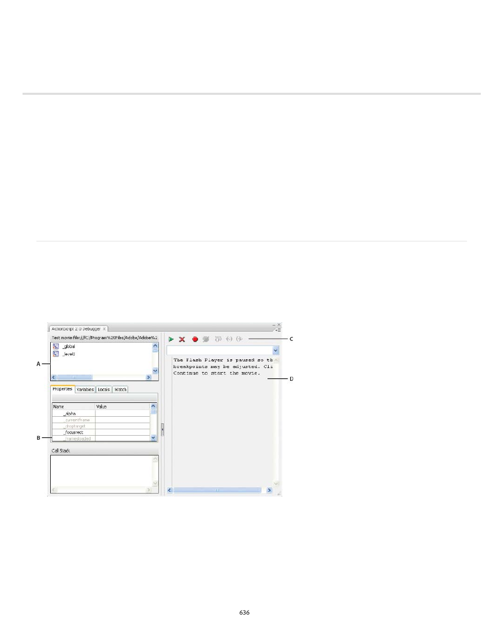 Debugging actionscript 1.0 and 2.0 | Adobe Flash Professional CC 2014 v.13.0 User Manual | Page 643 / 943