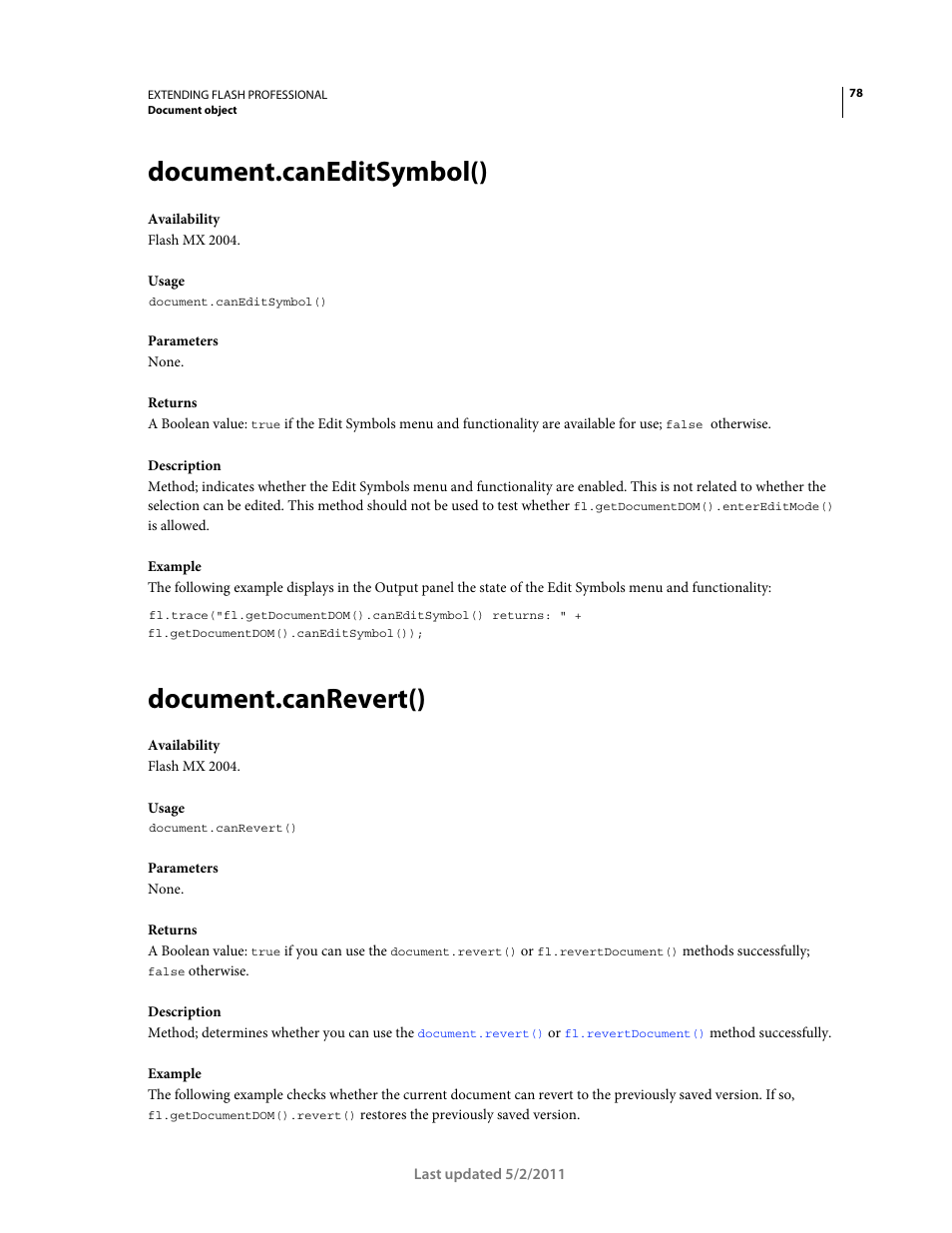 Document.caneditsymbol(), Document.canrevert() | Adobe Extending Flash Professional CS5 User Manual | Page 100 / 565