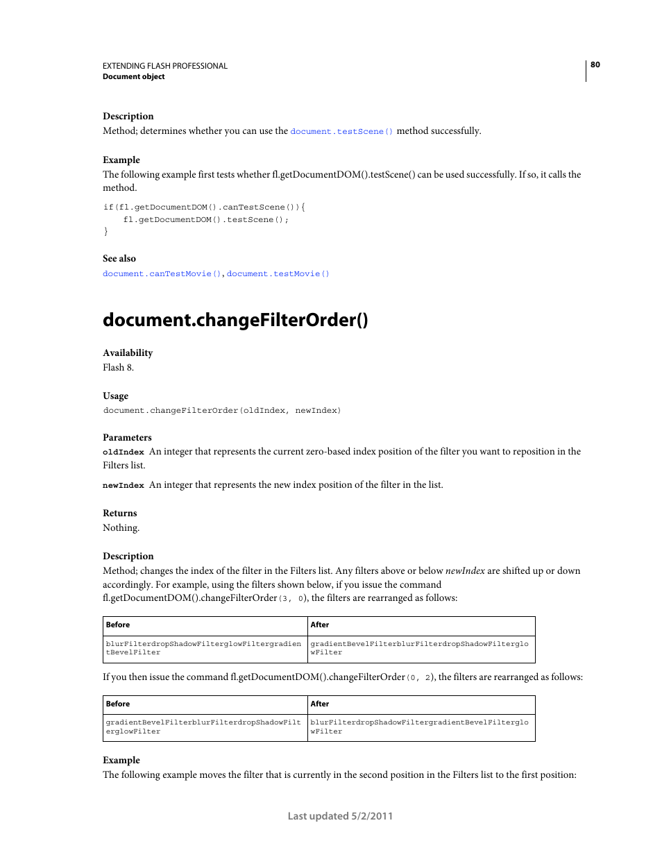 Document.changefilterorder() | Adobe Extending Flash Professional CS5 User Manual | Page 102 / 565