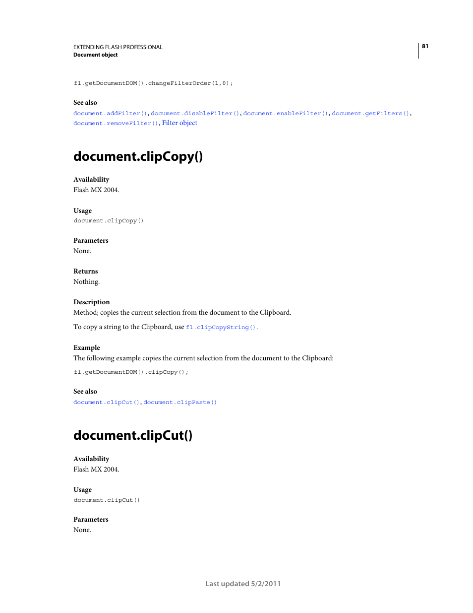 Document.clipcopy(), Document.clipcut() | Adobe Extending Flash Professional CS5 User Manual | Page 103 / 565