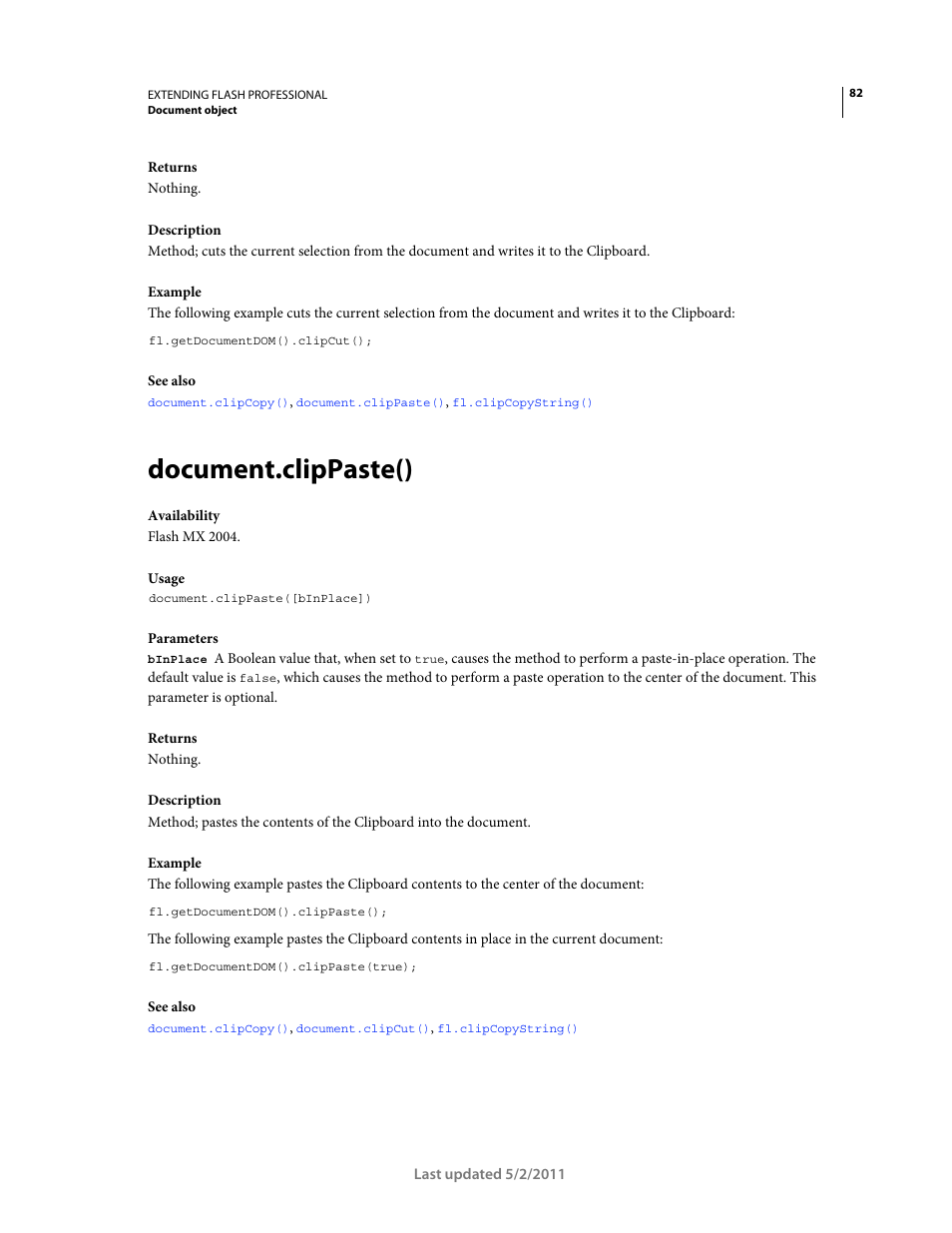 Document.clippaste() | Adobe Extending Flash Professional CS5 User Manual | Page 104 / 565