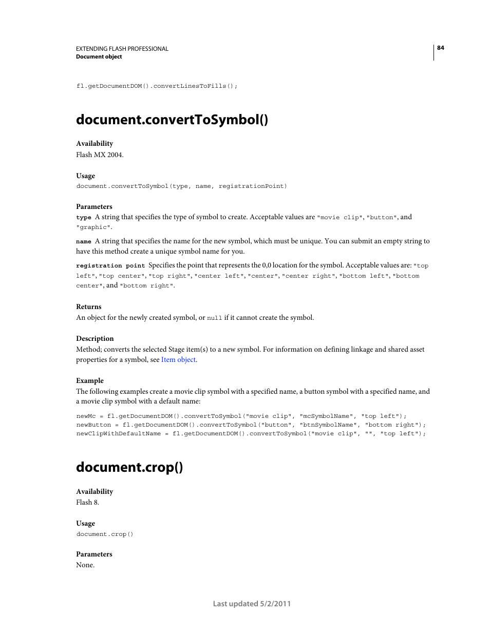 Document.converttosymbol(), Document.crop() | Adobe Extending Flash Professional CS5 User Manual | Page 106 / 565