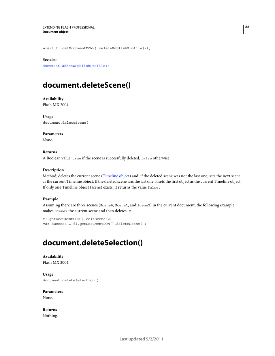 Document.deletescene(), Document.deleteselection() | Adobe Extending Flash Professional CS5 User Manual | Page 110 / 565