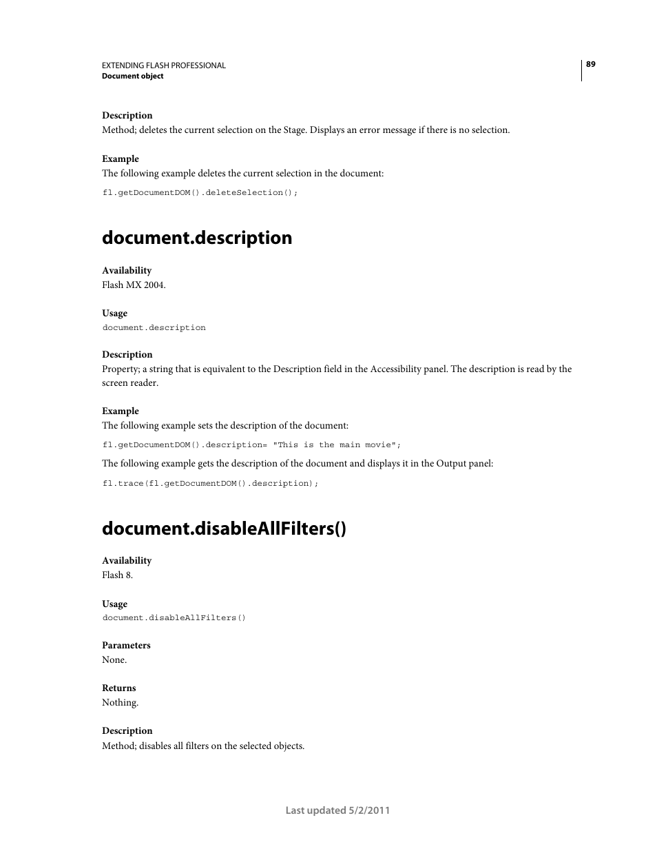 Document.description, Document.disableallfilters() | Adobe Extending Flash Professional CS5 User Manual | Page 111 / 565