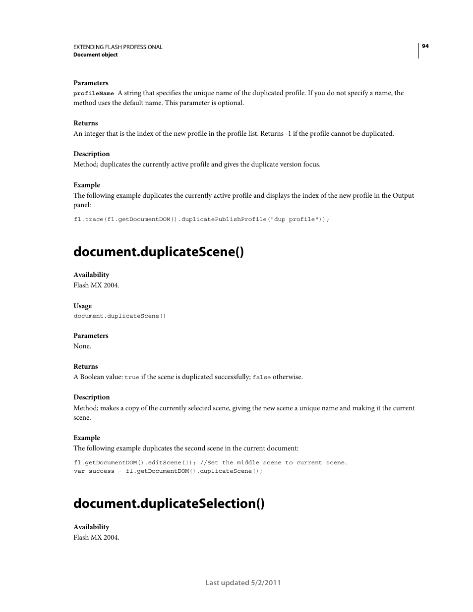 Document.duplicatescene(), Document.duplicateselection() | Adobe Extending Flash Professional CS5 User Manual | Page 116 / 565