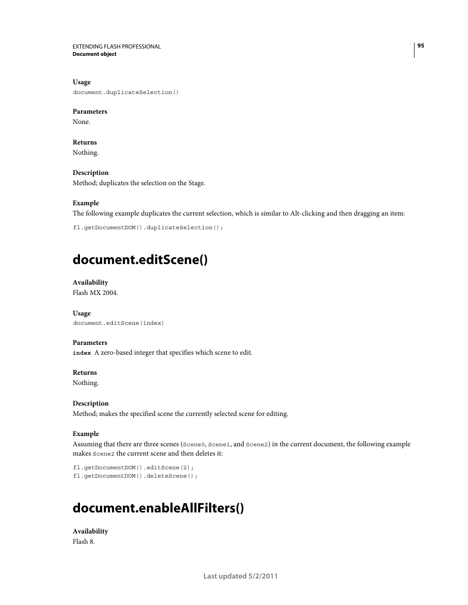 Document.editscene(), Document.enableallfilters() | Adobe Extending Flash Professional CS5 User Manual | Page 117 / 565