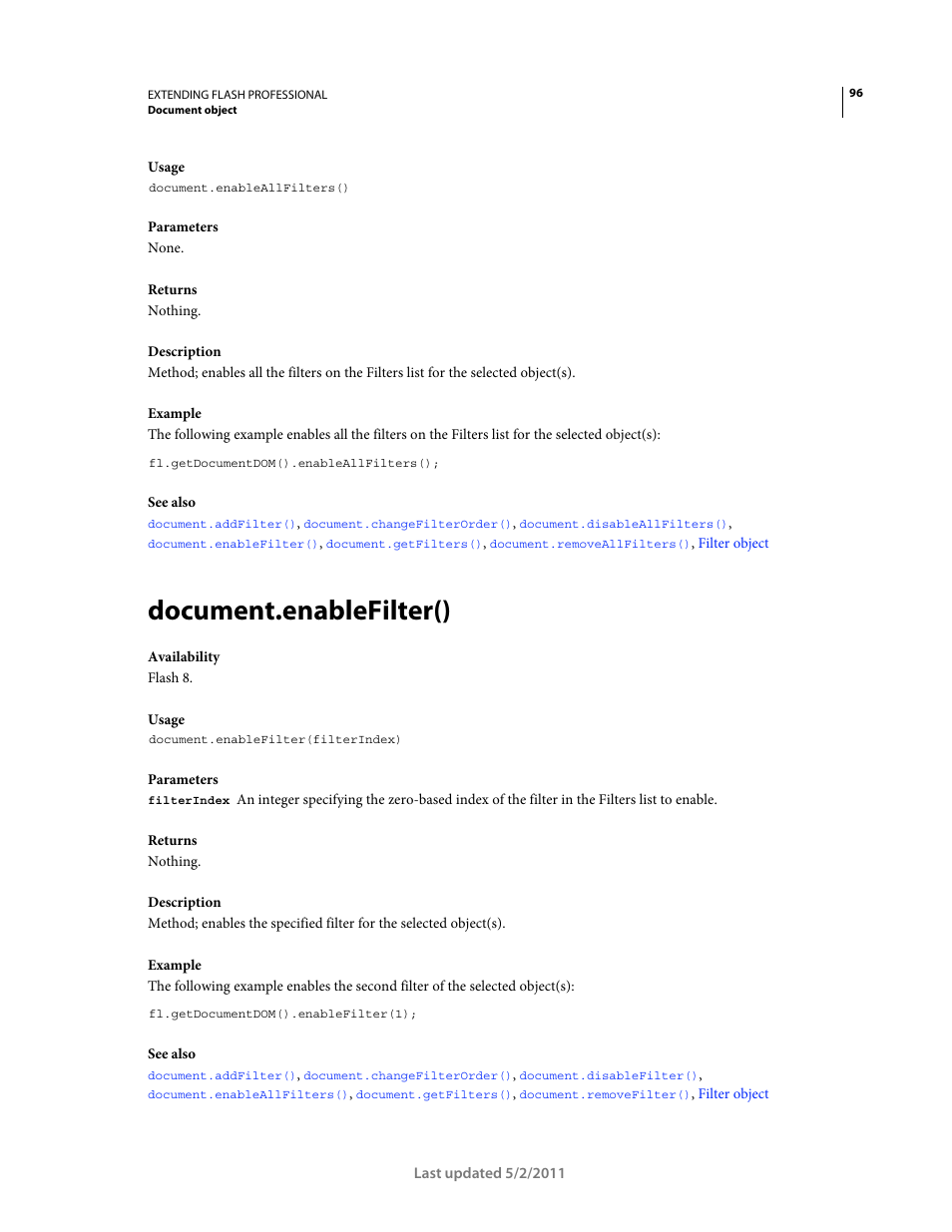 Document.enablefilter() | Adobe Extending Flash Professional CS5 User Manual | Page 118 / 565