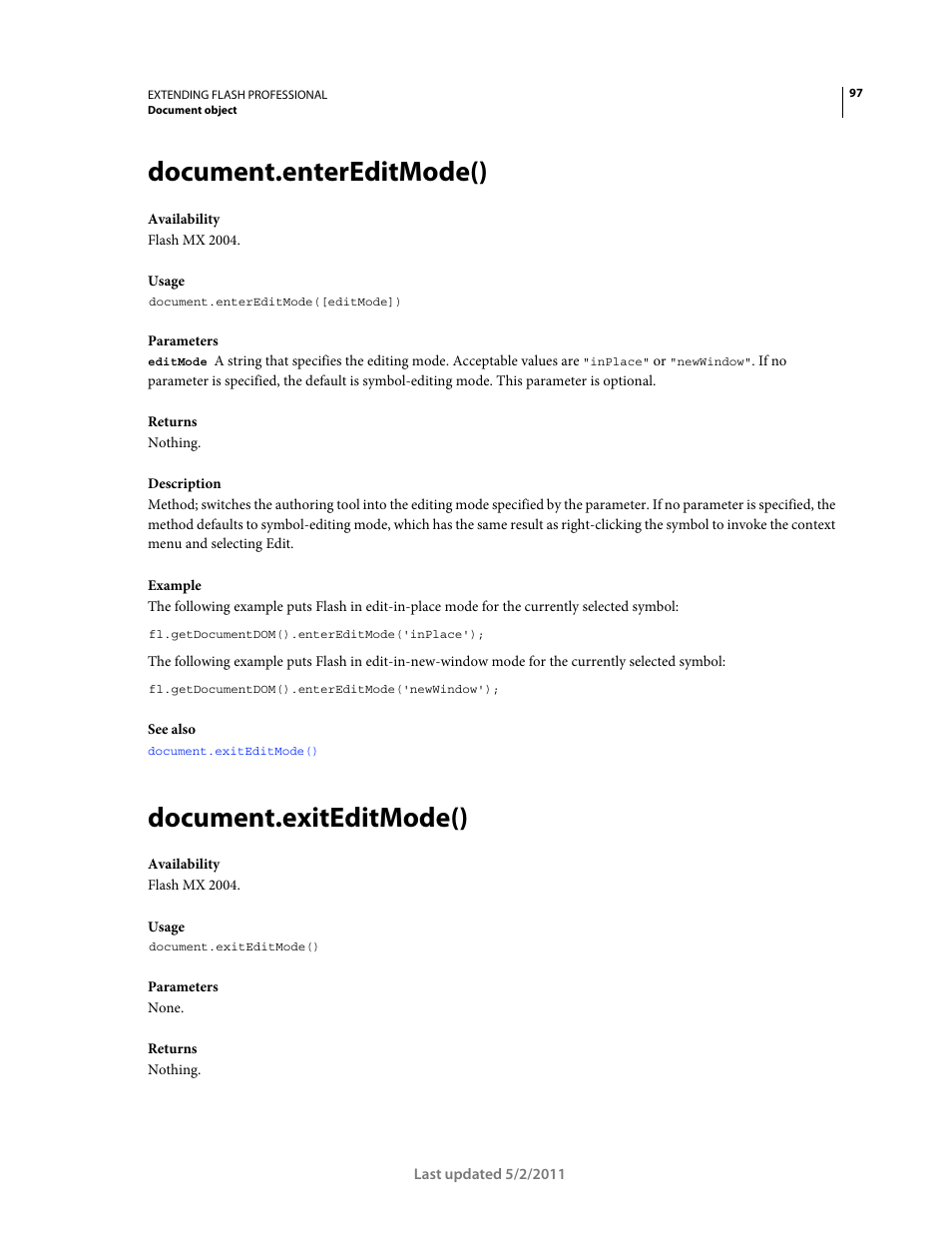 Document.entereditmode(), Document.exiteditmode() | Adobe Extending Flash Professional CS5 User Manual | Page 119 / 565