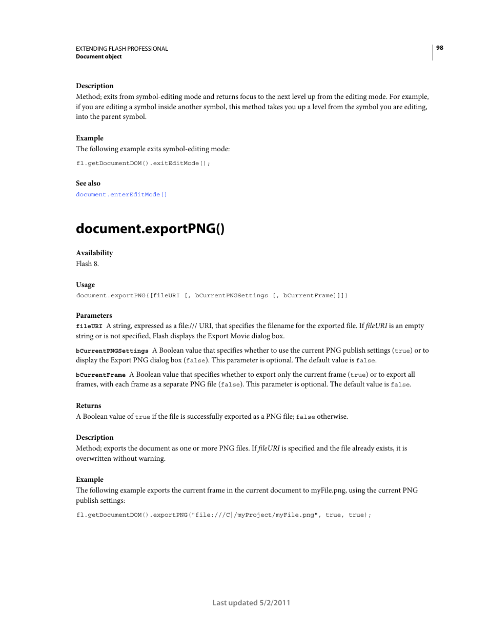 Document.exportpng() | Adobe Extending Flash Professional CS5 User Manual | Page 120 / 565