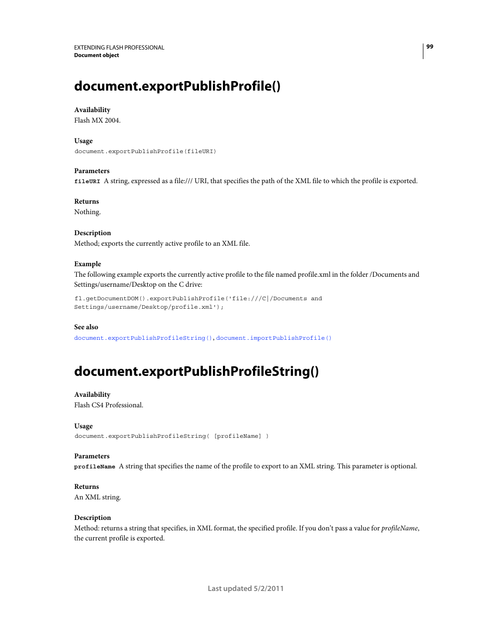 Document.exportpublishprofile(), Document.exportpublishprofilestring() | Adobe Extending Flash Professional CS5 User Manual | Page 121 / 565