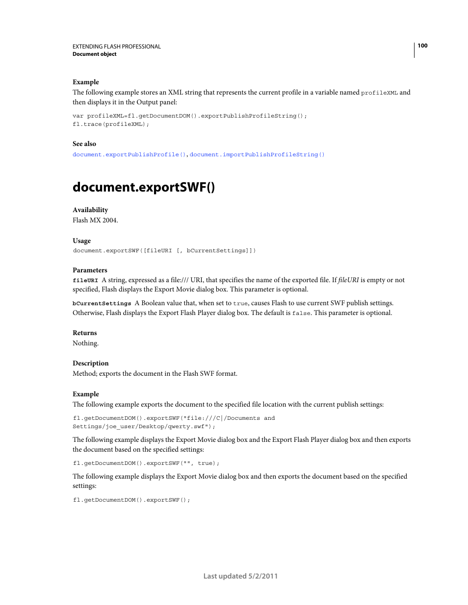 Document.exportswf() | Adobe Extending Flash Professional CS5 User Manual | Page 122 / 565