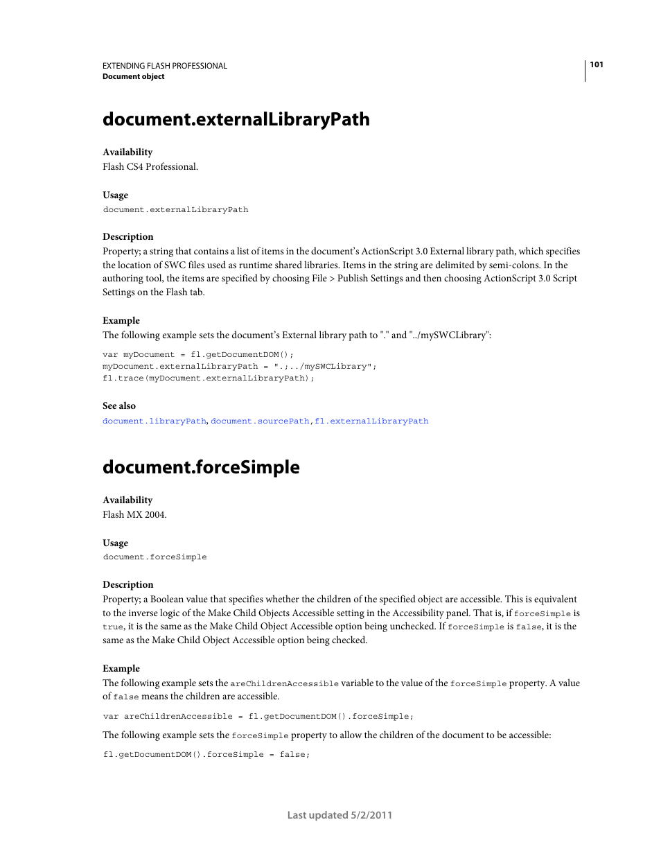 Document.externallibrarypath, Document.forcesimple | Adobe Extending Flash Professional CS5 User Manual | Page 123 / 565