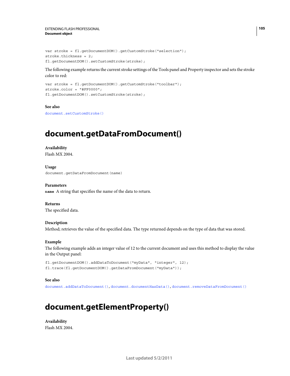 Document.getdatafromdocument(), Document.getelementproperty() | Adobe Extending Flash Professional CS5 User Manual | Page 127 / 565