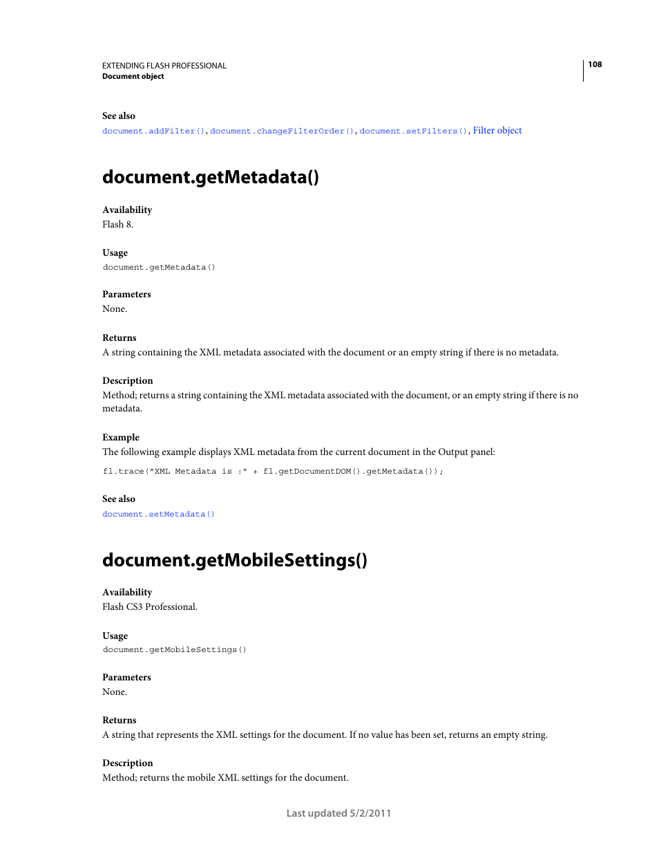 Document.getmetadata(), Document.getmobilesettings() | Adobe Extending Flash Professional CS5 User Manual | Page 130 / 565