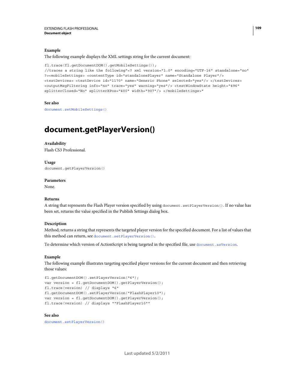 Document.getplayerversion(), This | Adobe Extending Flash Professional CS5 User Manual | Page 131 / 565