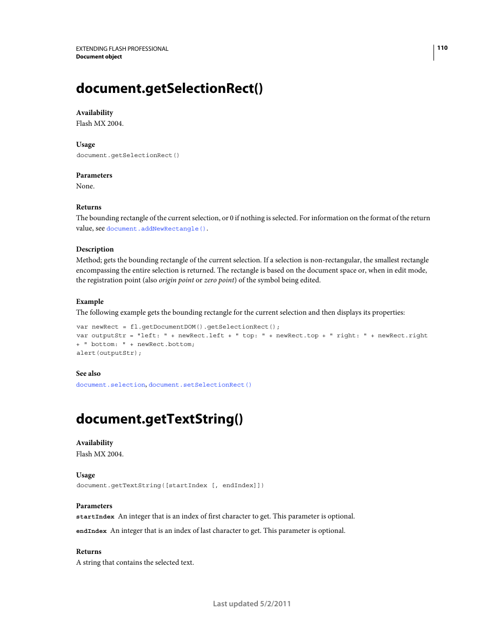 Document.getselectionrect(), Document.gettextstring() | Adobe Extending Flash Professional CS5 User Manual | Page 132 / 565