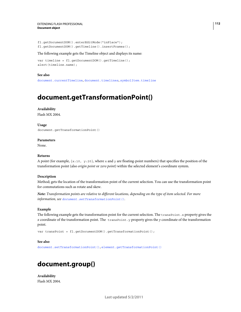 Document.gettransformationpoint(), Document.group() | Adobe Extending Flash Professional CS5 User Manual | Page 134 / 565