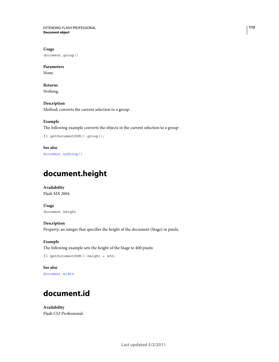 Document.height, Document.id | Adobe Extending Flash Professional CS5 User Manual | Page 135 / 565