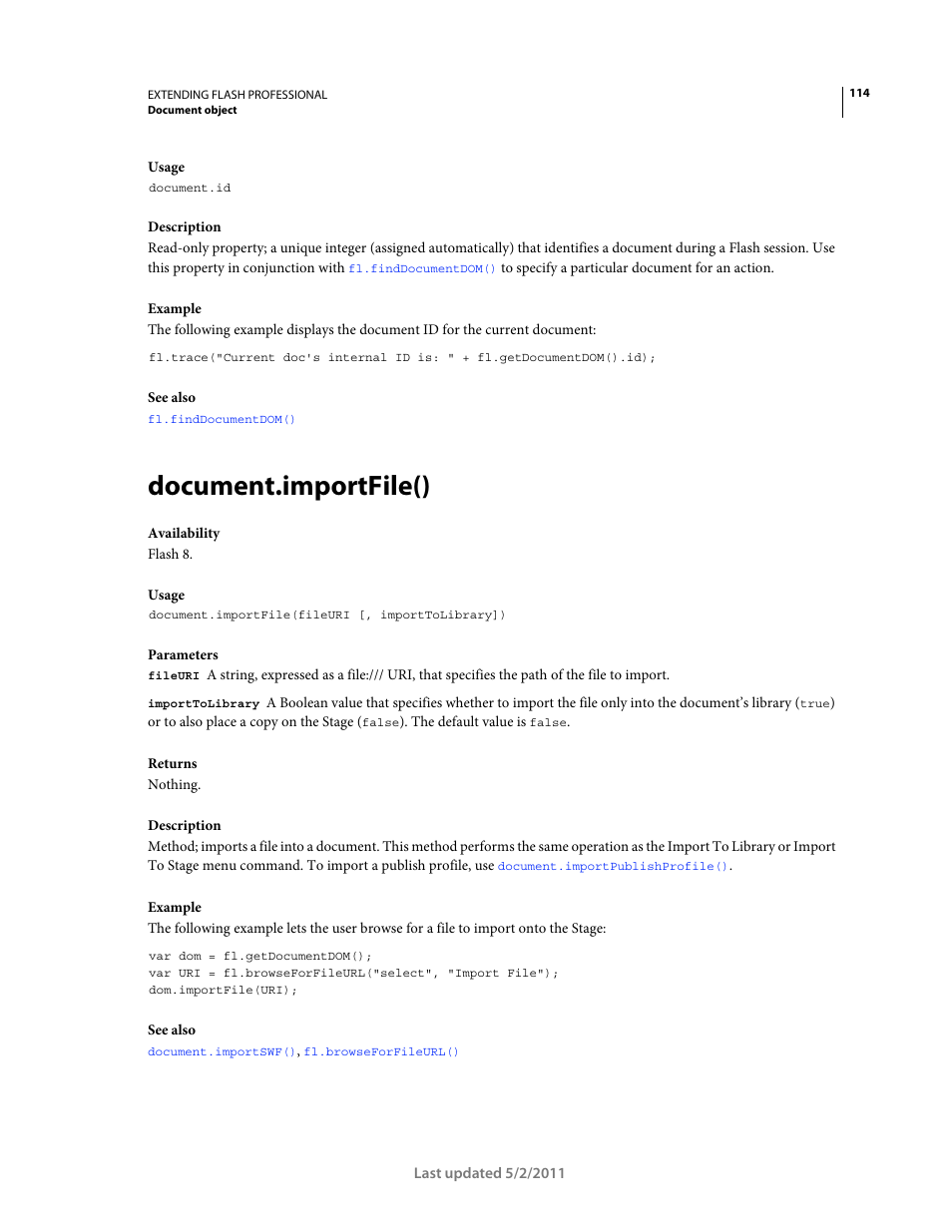 Document.importfile() | Adobe Extending Flash Professional CS5 User Manual | Page 136 / 565