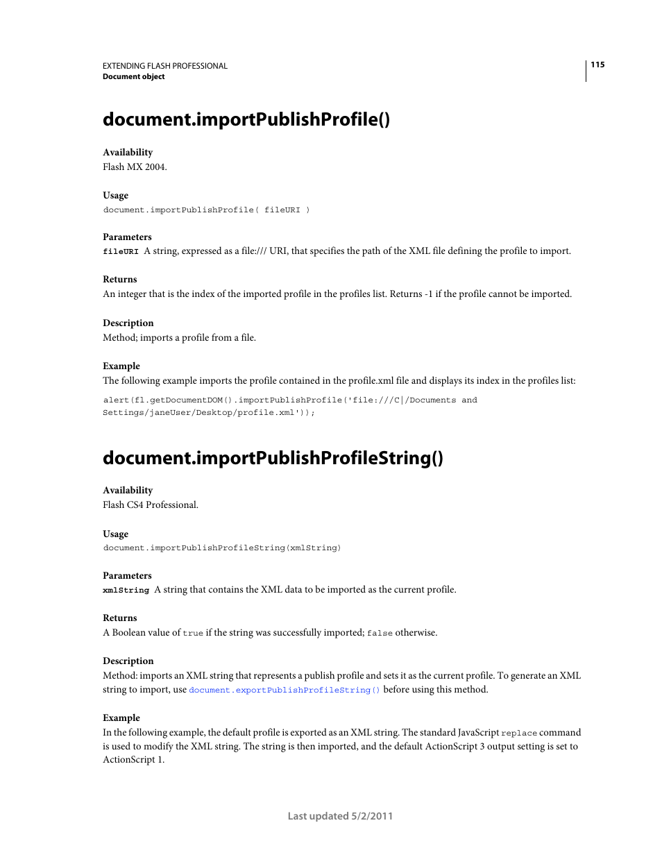 Document.importpublishprofile(), Document.importpublishprofilestring() | Adobe Extending Flash Professional CS5 User Manual | Page 137 / 565