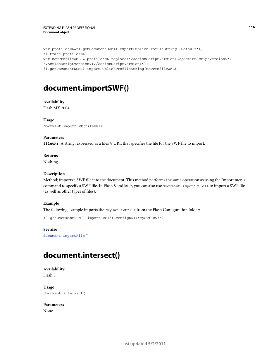 Document.importswf(), Document.intersect() | Adobe Extending Flash Professional CS5 User Manual | Page 138 / 565