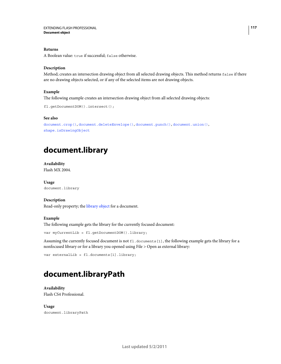 Document.library, Document.librarypath, For more information, see | Adobe Extending Flash Professional CS5 User Manual | Page 139 / 565