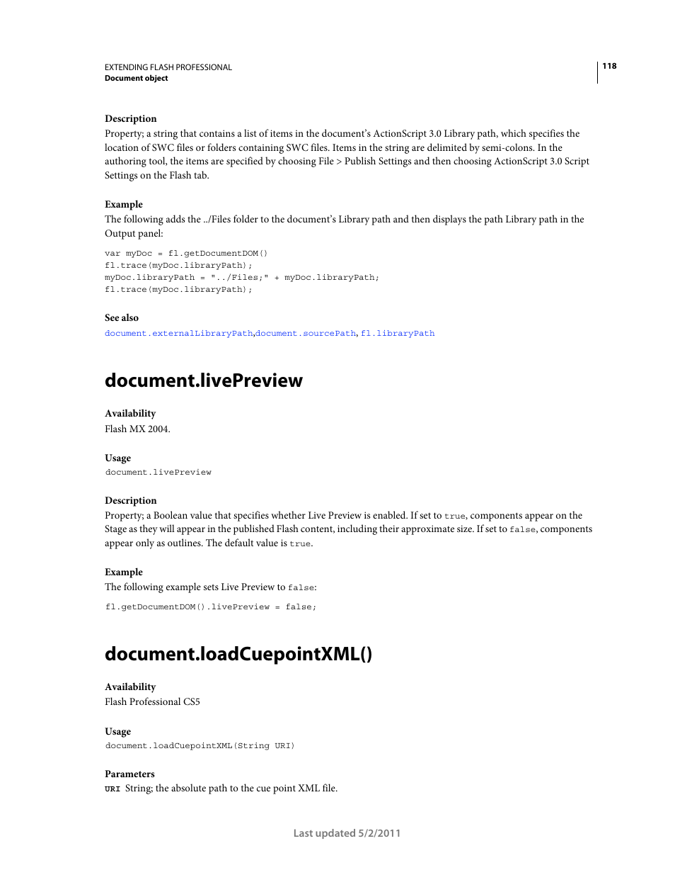 Document.livepreview, Document.loadcuepointxml() | Adobe Extending Flash Professional CS5 User Manual | Page 140 / 565