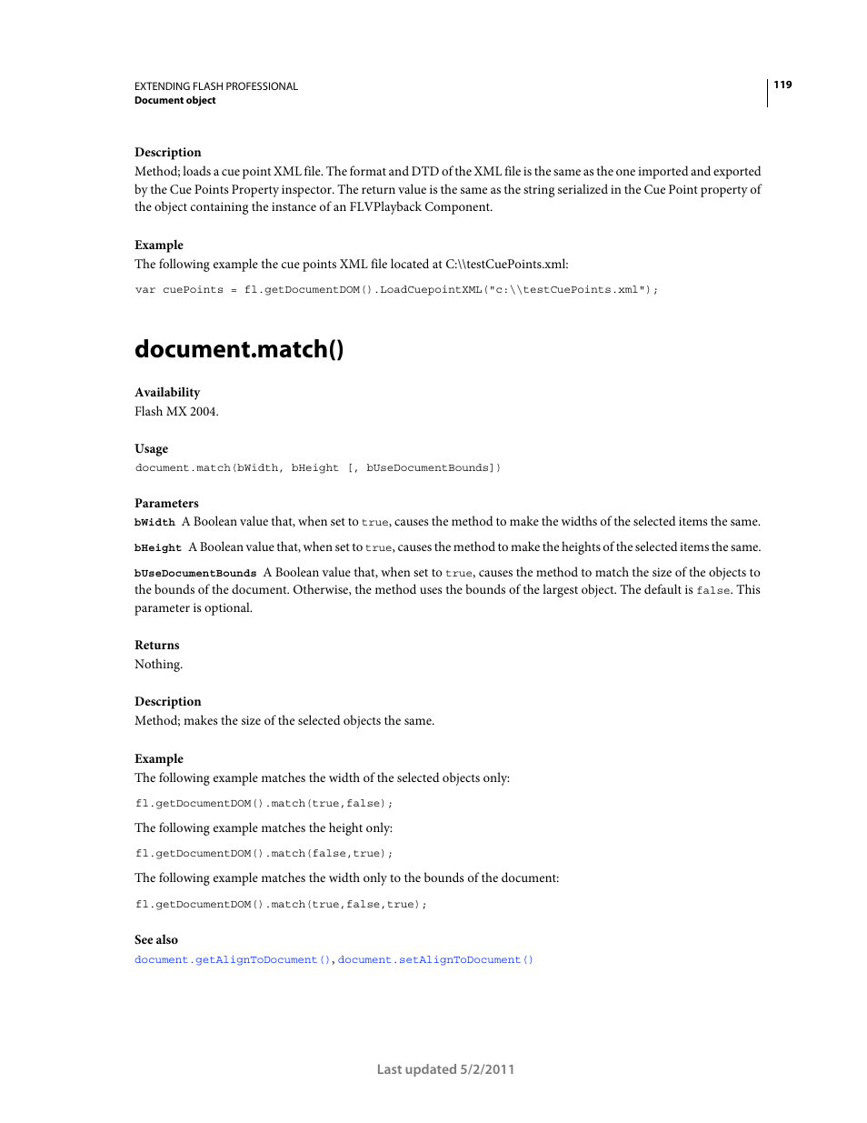 Document.match() | Adobe Extending Flash Professional CS5 User Manual | Page 141 / 565