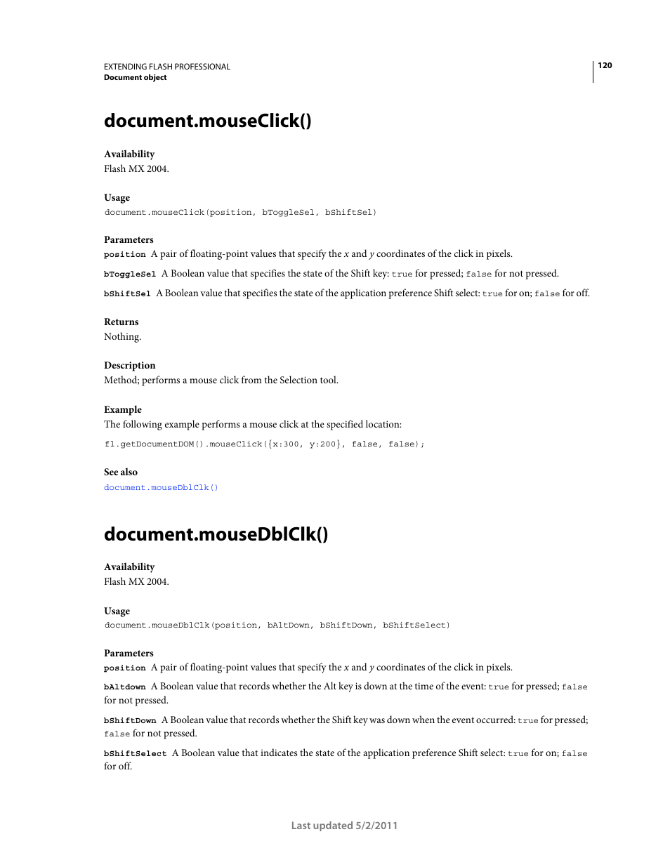 Document.mouseclick(), Document.mousedblclk() | Adobe Extending Flash Professional CS5 User Manual | Page 142 / 565