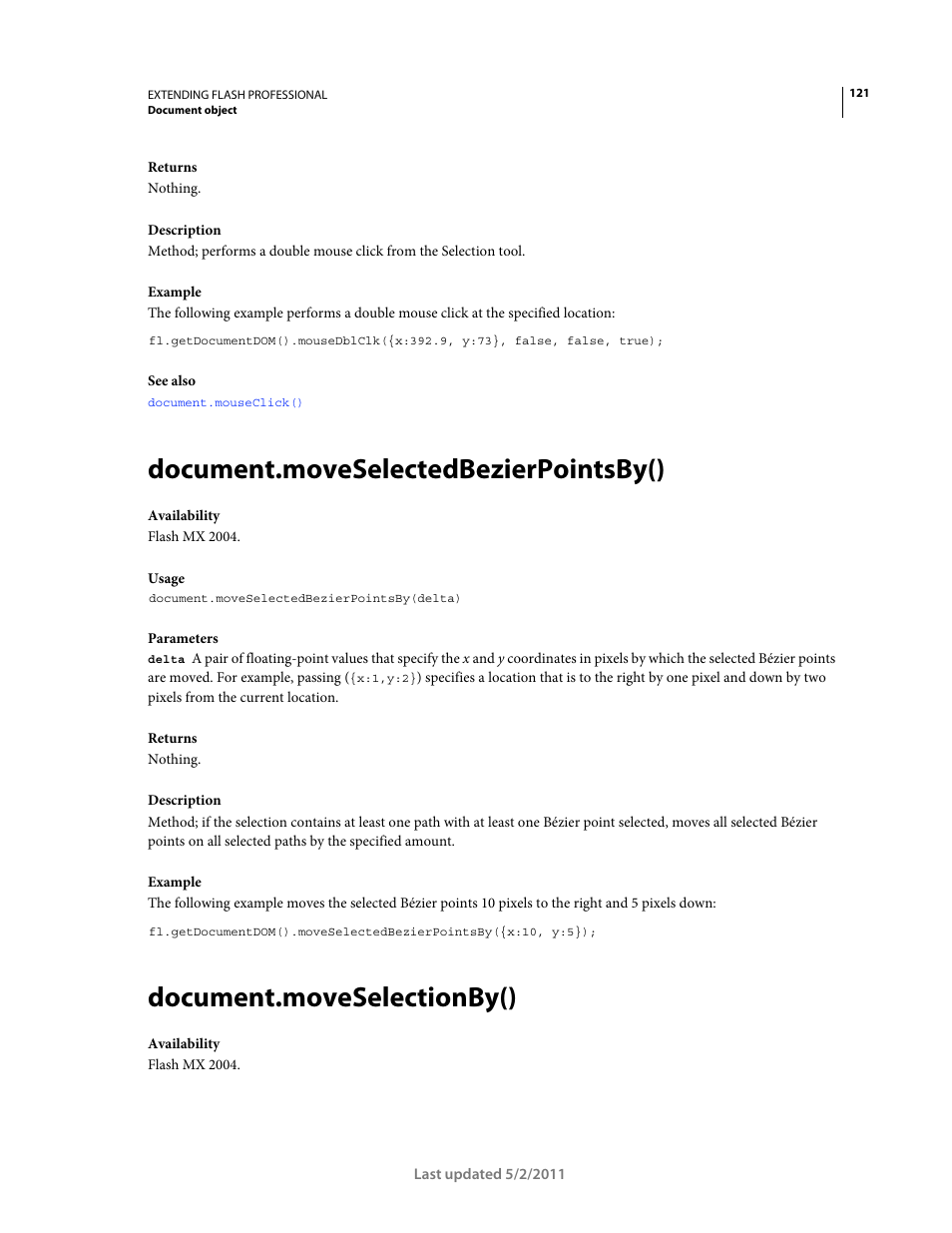 Document.moveselectedbezierpointsby(), Document.moveselectionby() | Adobe Extending Flash Professional CS5 User Manual | Page 143 / 565