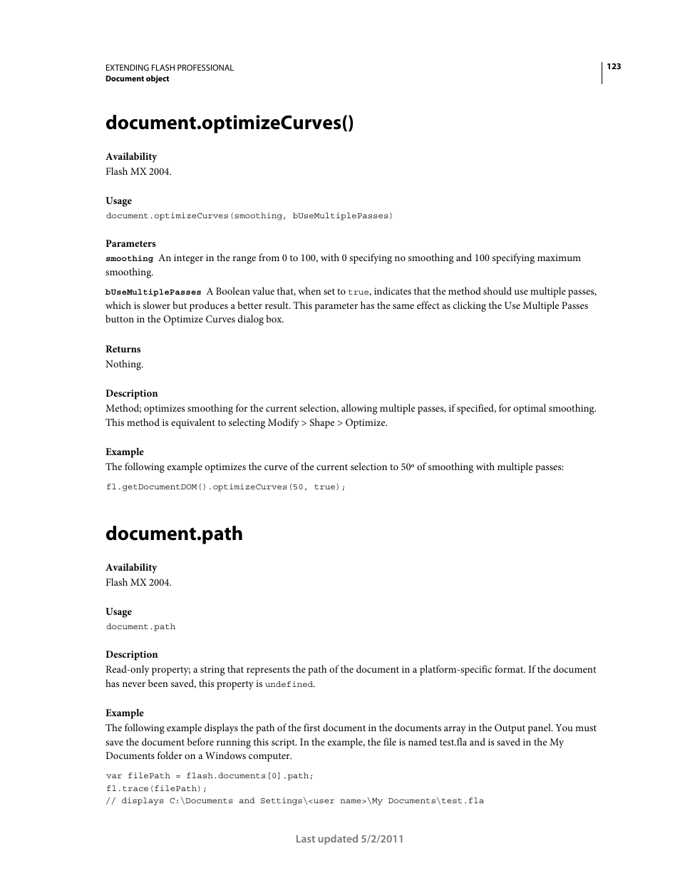 Document.optimizecurves(), Document.path | Adobe Extending Flash Professional CS5 User Manual | Page 145 / 565