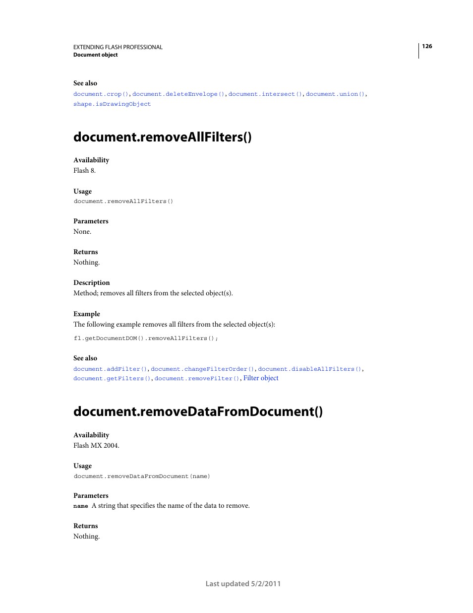 Document.removeallfilters(), Document.removedatafromdocument() | Adobe Extending Flash Professional CS5 User Manual | Page 148 / 565