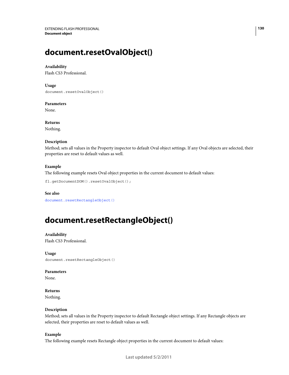 Document.resetovalobject(), Document.resetrectangleobject() | Adobe Extending Flash Professional CS5 User Manual | Page 152 / 565