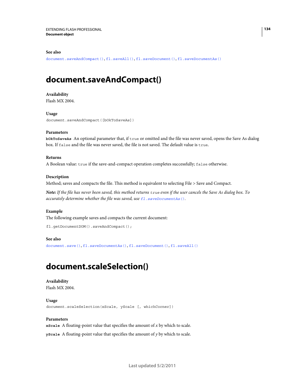 Document.saveandcompact(), Document.scaleselection() | Adobe Extending Flash Professional CS5 User Manual | Page 156 / 565