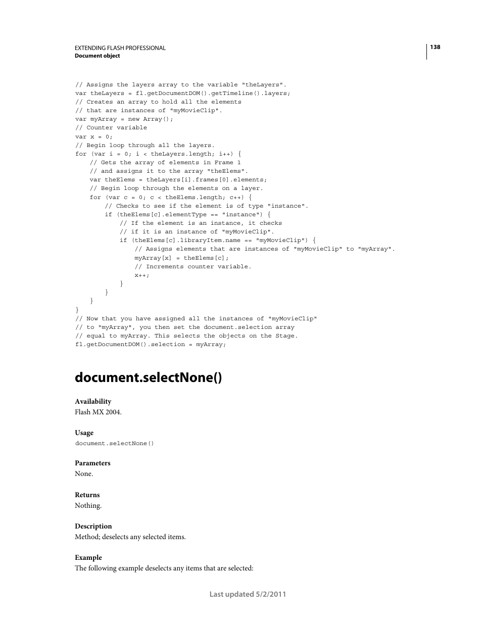 Document.selectnone() | Adobe Extending Flash Professional CS5 User Manual | Page 160 / 565