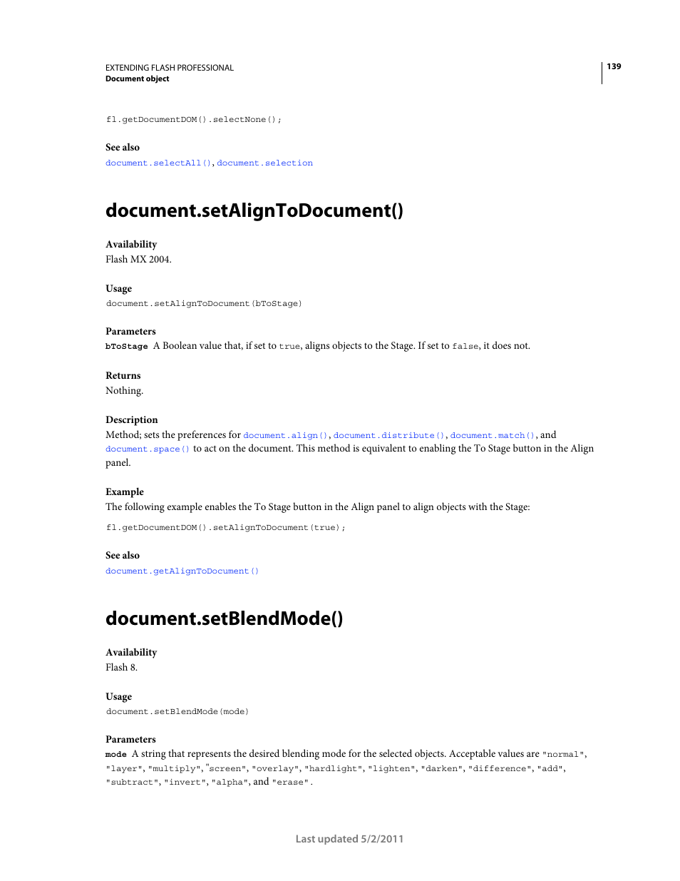 Document.setaligntodocument(), Document.setblendmode() | Adobe Extending Flash Professional CS5 User Manual | Page 161 / 565