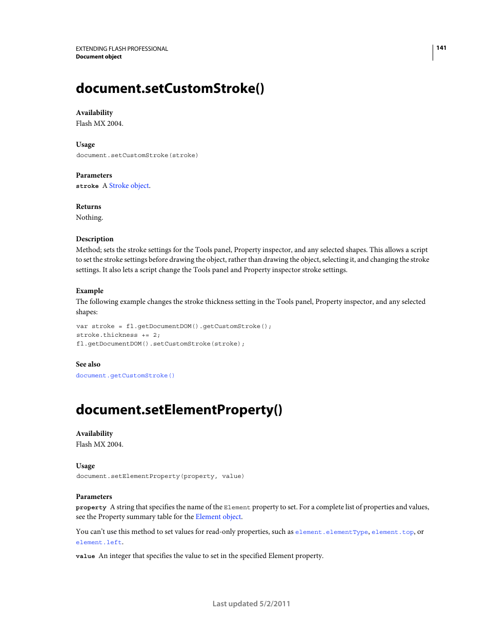 Document.setcustomstroke(), Document.setelementproperty() | Adobe Extending Flash Professional CS5 User Manual | Page 163 / 565